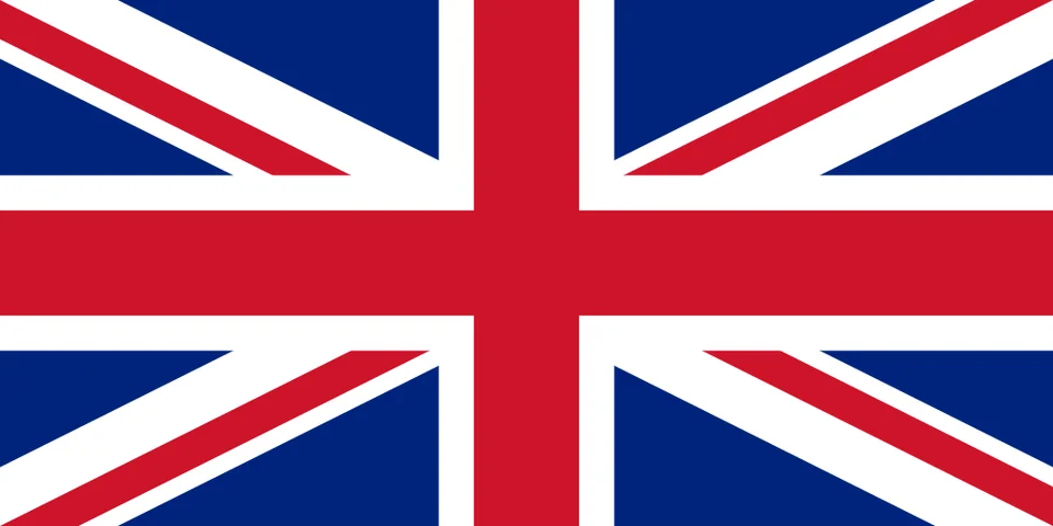 Flaga Wielkiej Brytanii — Union Jack: połączone krzyże św. Jerzego, św. Andrzeja i św. Patryka w czerwieni, bieli i błękicie.